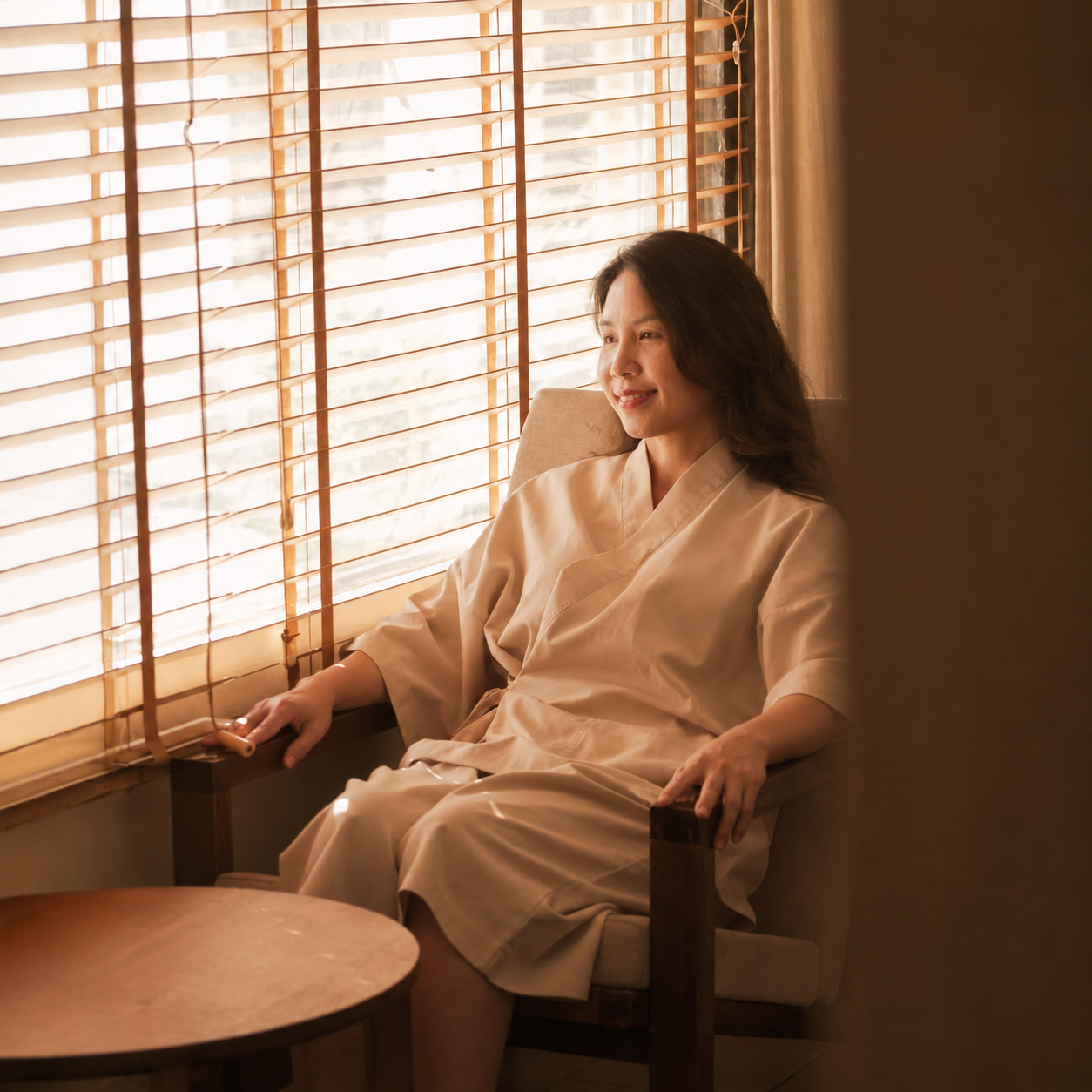 Khách hàng mặc áo Yukata thư giãn trong không gian Zen